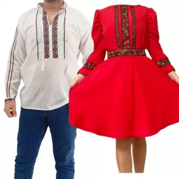 Set Cuplu Traditional 166 Camasa Traditionala si Rochie cu motive traditionale imagine