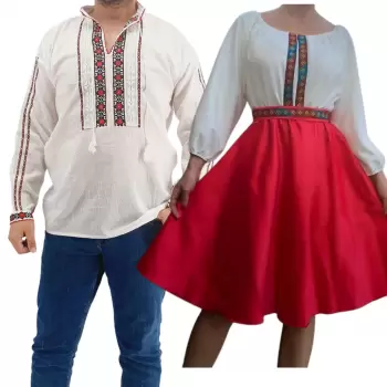 Set Cuplu Traditional 168 Camasa Traditionala si Rochie cu motive traditionale imagine