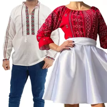 Set Cuplu Traditional 169 Camasa Traditionala si Rochie cu motive traditionale imagine