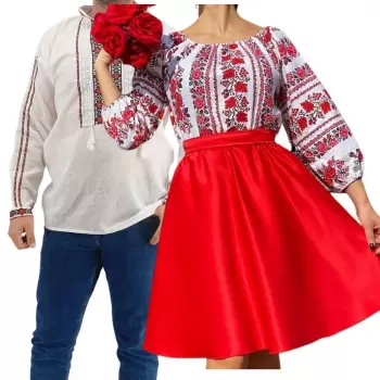 Set Cuplu Traditional 170 Camasa Traditionala si Rochie cu motive traditionale imagine
