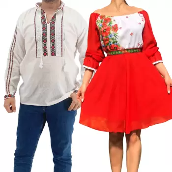 Set Cuplu Traditional 171 Camasa Traditionala si Rochie cu motive traditionale imagine