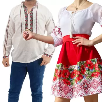 Set Cuplu Traditional 174 Camasa Traditionala si Rochie cu motive traditionale imagine