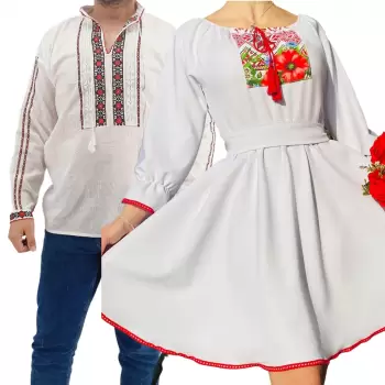 Set Cuplu Traditional 175 Camasa Traditionala si Rochie cu motive traditionale imagine