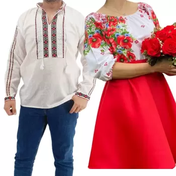Set Cuplu Traditional 177 Camasa Traditionala si Rochie cu motive traditionale imagine