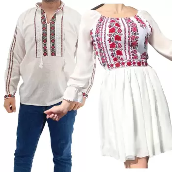 Set Cuplu Traditional 178 Camasa Traditionala si Rochie cu motive traditionale imagine