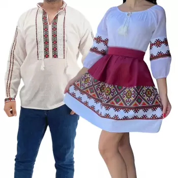 Set Cuplu Traditional 179 Camasa Traditionala si Rochie cu motive traditionale imagine