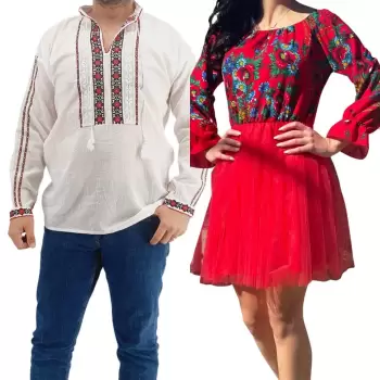 Set Cuplu Traditional 180 Camasa Traditionala si Rochie cu motive traditionale imagine