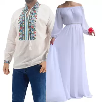 Set Cuplu Traditional 181 Camasa Traditionala si Rochie cu motive traditionale imagine