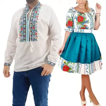 Set Cuplu Traditional 183 Camasa Traditionala si Rochie cu motive traditionale imagine