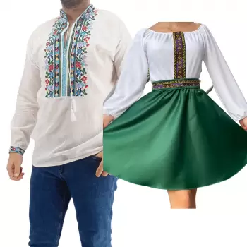Set Cuplu Traditional 184 Camasa Traditionala si Rochie cu motive traditionale imagine