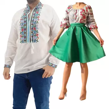 Set Cuplu Traditional 185 Camasa Traditionala si Rochie cu motive traditionale imagine