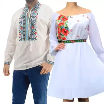 Set Cuplu Traditional 186 Camasa Traditionala si Rochie cu motive traditionale imagine