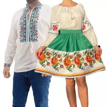 Set Cuplu Traditional 187 Camasa Traditionala si Rochie cu motive traditionale imagine