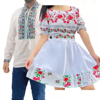 Set Cuplu Traditional 188 Camasa Traditionala si Rochie cu motive traditionale imagine