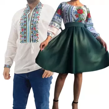 Set Cuplu Traditional 189 Camasa Traditionala si Rochie cu motive traditionale imagine