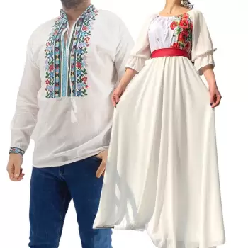 Set Cuplu Traditional 190 Camasa Traditionala si Rochie cu motive traditionale imagine