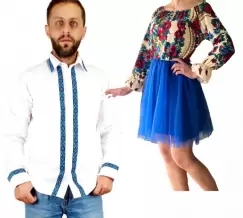 Set Cuplu Traditional 215 Camasa Traditionala si Rochie cu motive traditionale imagine