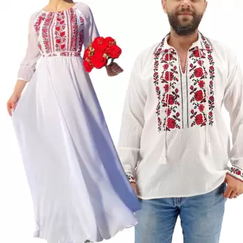 Set Cuplu Traditional 216 Camasa Traditionala si Rochie cu motive traditionale imagine