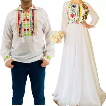 Set Cuplu Traditional 220 Camasa Traditionala si Rochie cu motive traditionale imagine