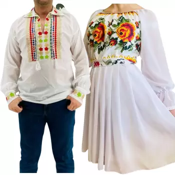 Set Cuplu Traditional 222 Camasa Traditionala si Rochie cu motive traditionale imagine
