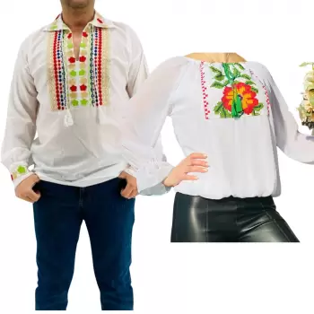 Set Cuplu Traditional 223 Camasa Traditionala si Rochie cu motive traditionale imagine