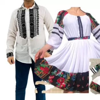 Set Cuplu Traditional 231 Camasa Traditionala si Rochie cu motive traditionale imagine