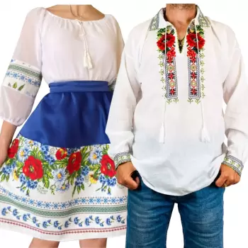 Set Cuplu Traditional 238 Camasa Traditionala si Rochie cu motive traditionale imagine