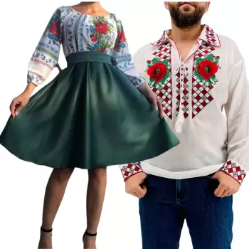 Set Cuplu Traditional 241 Camasa Traditionala si Rochie cu motive traditionale imagine