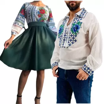 Set Cuplu Traditional 242 Camasa Traditionala si Rochie cu motive traditionale imagine
