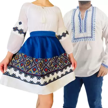 Set Cuplu Traditional 244 Camasa Traditionala si Rochie cu motive traditionale imagine