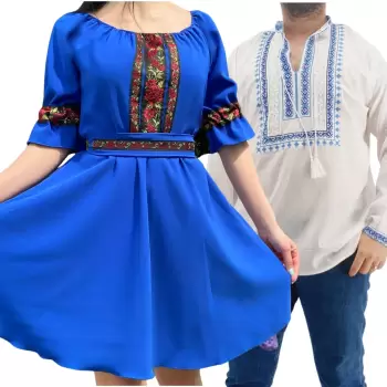 Set Cuplu Traditional 245 Camasa Traditionala si Rochie cu motive traditionale imagine