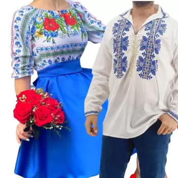 Set Cuplu Traditional 250 Camasa Traditionala si Rochie cu motive traditionale imagine