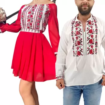 Set Cuplu Traditional 256 Camasa Traditionala si Rochie cu motive traditionale imagine