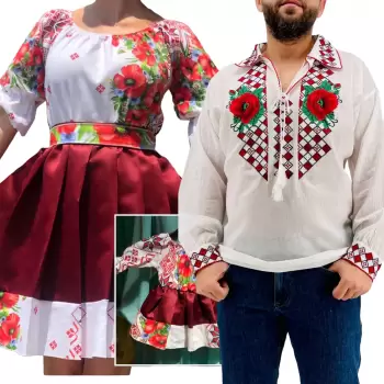 Set Cuplu Traditional 257 Camasa Traditionala si Rochie cu motive traditionale imagine