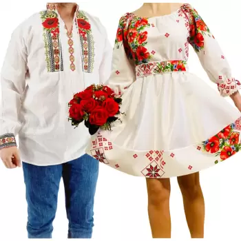 Set Cuplu Traditional 258 Camasa Traditionala si Rochie cu motive traditionale imagine