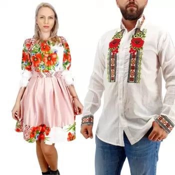 Set Cuplu Traditional 259 Camasa Traditionala si Rochie cu motive traditionale imagine