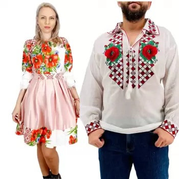 Set Cuplu Traditional 260 Camasa Traditionala si Rochie cu motive traditionale imagine