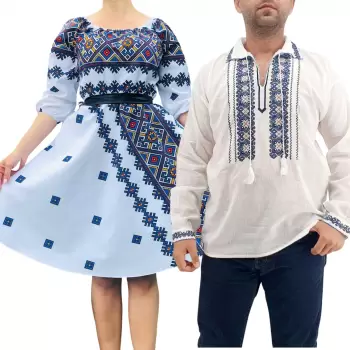 Set Cuplu Traditional 261 Camasa Traditionala si Rochie cu motive traditionale imagine