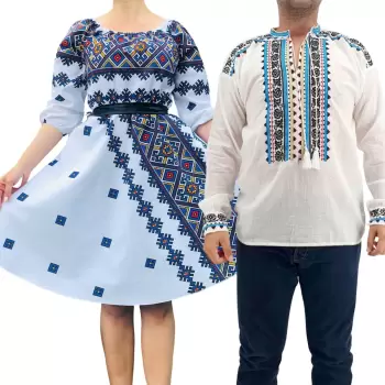 Set Cuplu Traditional 263 Camasa Traditionala si Rochie cu motive traditionale imagine