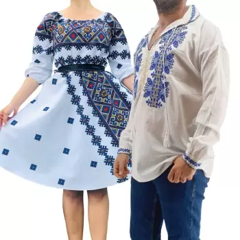 Set Cuplu Traditional 264 Camasa Traditionala si Rochie cu motive traditionale imagine