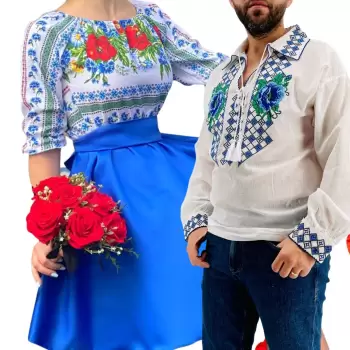 Set Cuplu Traditional 265 Camasa Traditionala si Rochie cu motive traditionale imagine