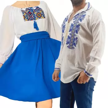 Set Cuplu Traditional 266 Camasa Traditionala si Rochie cu motive traditionale imagine