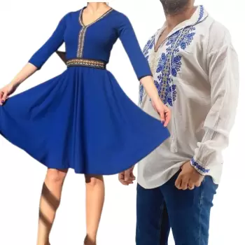 Set Cuplu Traditional 267 Camasa Traditionala si Rochie cu motive traditionale imagine