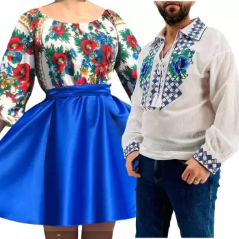 Set Cuplu Traditional 269 Camasa Traditionala si Rochie cu motive traditionale imagine