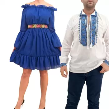 Set Cuplu Traditional 270 Camasa Traditionala si Rochie cu motive traditionale imagine
