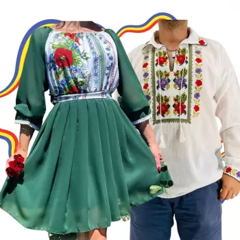 Set Cuplu Traditional 296 Camasa Traditionala si Rochie cu motive traditionale imagine