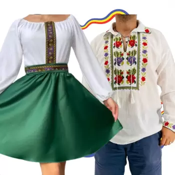Set Cuplu Traditional 297 Camasa Traditionala si Rochie cu motive traditionale imagine