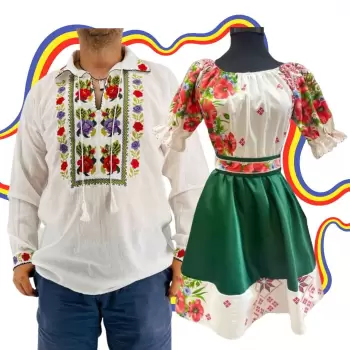 Set Cuplu Traditional 298 Camasa Traditionala si Rochie cu motive traditionale imagine