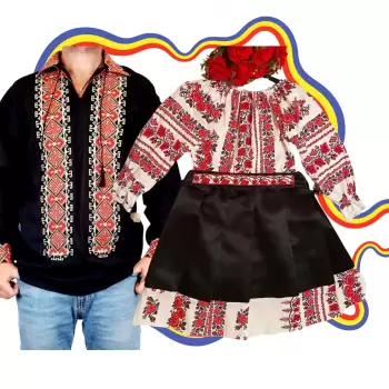 Set Cuplu Traditional 300 Camasa Traditionala si Rochie cu motive traditionale imagine