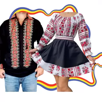 Set Cuplu Traditional 301 Camasa Traditionala si Rochie cu motive traditionale imagine